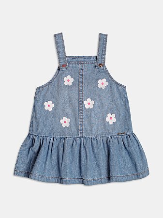Salopete jeans com aplique de flores brancas | Momi