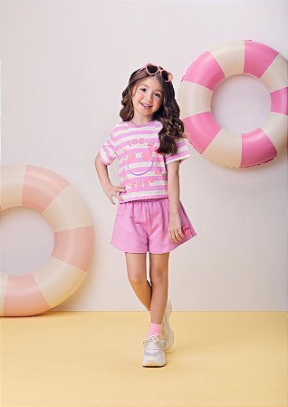 Conjunto rosa short e blusa listrada | Momi