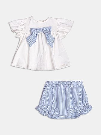 Conjunto baby blusa com laço e short azul | Momi