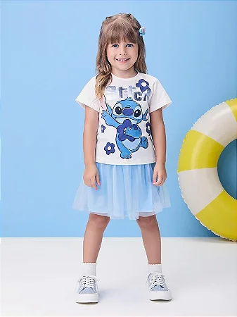 Conjunto blusa Stitch e saia de tule azul | Momi