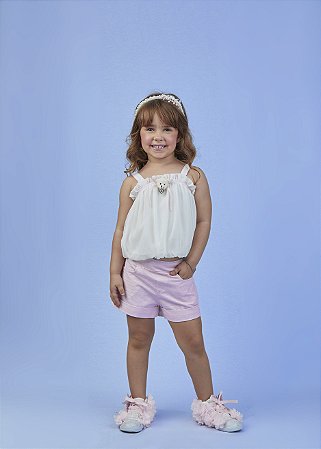 Conjunto short sarja listrada e blusa balone ursinho | Gabriela Aquarela