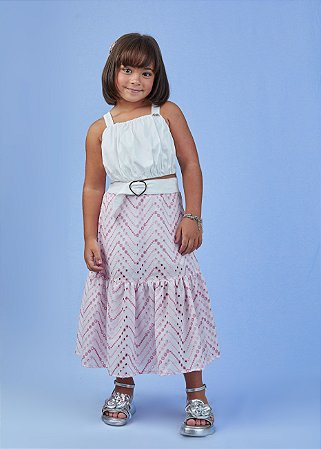 Conjunto saia midi laise bicolor rosa e cropped rosa | Gabriela Aquarela