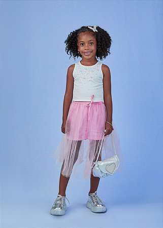 Conjunto saia midi tule rosa e blusa | Gabriela Aquarela