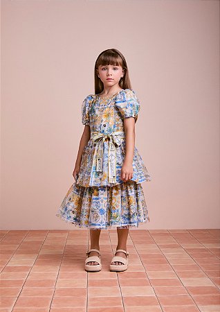 Vestido de tule estampado com faixa | Animê