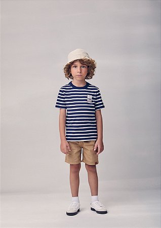 Conjunto t-shirt listrada e bermuda bege | Youccie