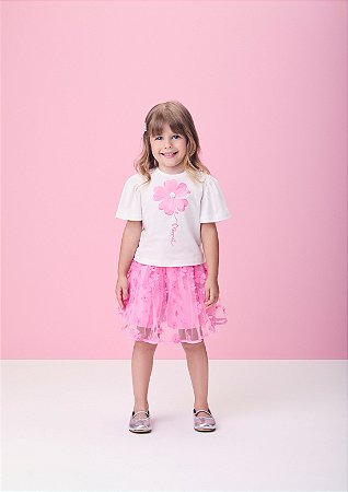 Conjunto blusa e saia de tule rosa flor | Momi