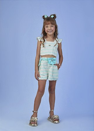 Conjunto listrado azul turquesa com bolsa | Gabriela Aquarela