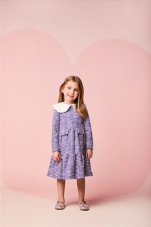Vestido Manga Longa Tweed Off e Lilás | Momi