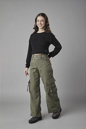 Calça Cargo em Sarja Suede com Amarrações Verde Militar | Pinkx