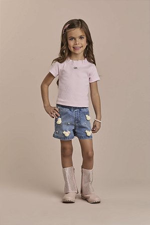 Conjunto Blusa Rosa e Short Jeans Ursinhos com Pompom | Gabriela Aquarela