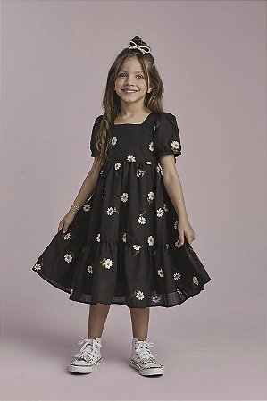 Vestido Algodão Preto Bordado Margaridas | Gabriela Aquarela