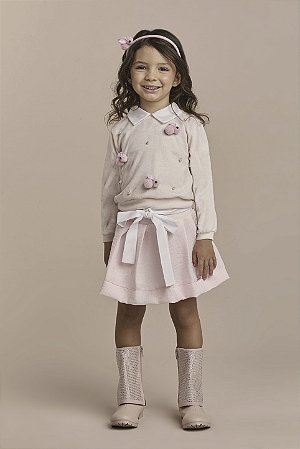 Conjunto Saia de Pregas e Blusa Tricô Coelhinhos Rosa | Gabriela Aquarela