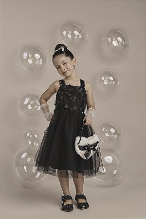 Vestido Celebrar Preto com Flores 3D e Saia Tule | Gabriela Aquarela