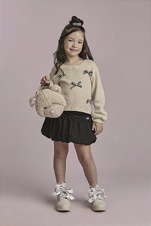 Conjunto Saia Bubble Preta e Blusa Tricô Amêndoa Lacinhos | Gabriela Aquarela