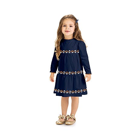 Vestido Manga Longa Marinho com Faixas Florais | Milon