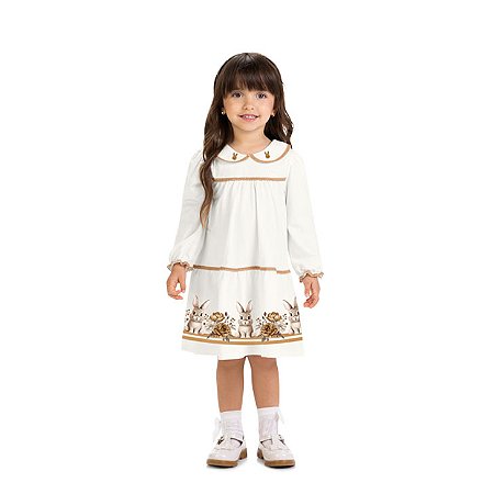 Vestido Manga Longa Barrado Coelhinhos Off-White | Milon