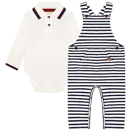 Conjunto Jardineira Listrada e Body Polo Off-White | Milon