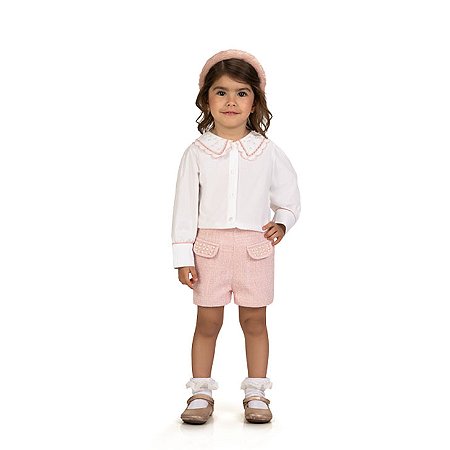 Conjunto Infantil Camisa Pérolas e Shorts Tweed Rosa | Milon