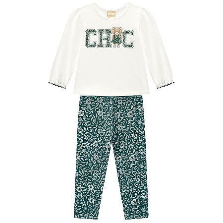Conjunto Infantil Blusa Ursinha Chic e Legging Floral Verde | Milon