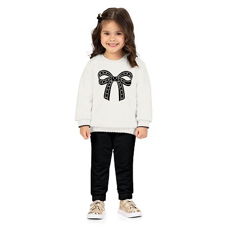 Conjunto Infantil Blusa Tricot Laço Pérolas e Calça Preta | Milon