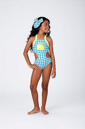 Maiô Infantil Estampa Vichy Limão com Aplique | Siri Kids