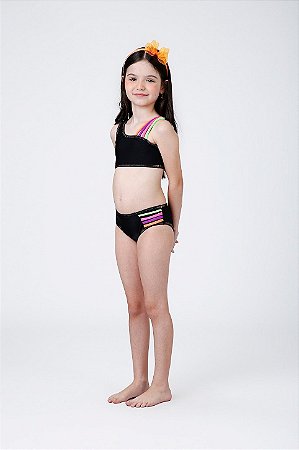 Biquíni Cropped Infantil Preto com Tiras Neon | Siri Kids