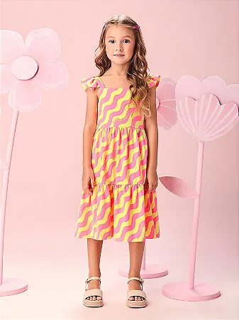 Vestido Infantil Menina Neon Waves com Alças de Babados | Momi