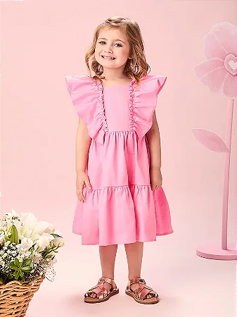 Vestido Infantil Menina de Tricoline Rosa com Mangas Franzidas e Pingente | Momi