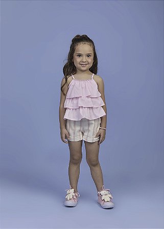 Conjunto Short Listrado com Brilho e Bata com Babados Rosa | Gabriela Aquarela