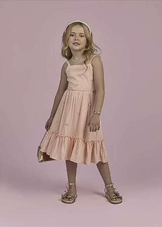 Vestido Midi Rosa Pêssego com Bordado de Miçangas Salmon | Gabriela Aquarela