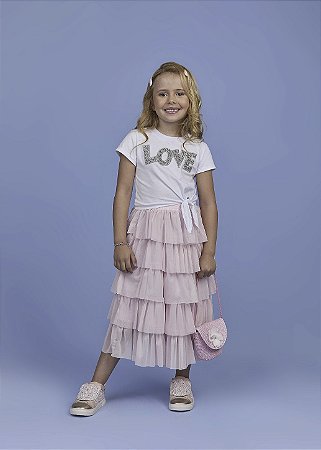 Conjunto Saia Midi em Camadas de Tule e T-shirt Love com Cristais Rosa | Gabriela Aquarela