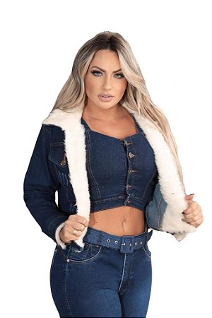 Jaqueta Jeans Destroyed Com Pelo Na Gola E Punho   Ref 6602