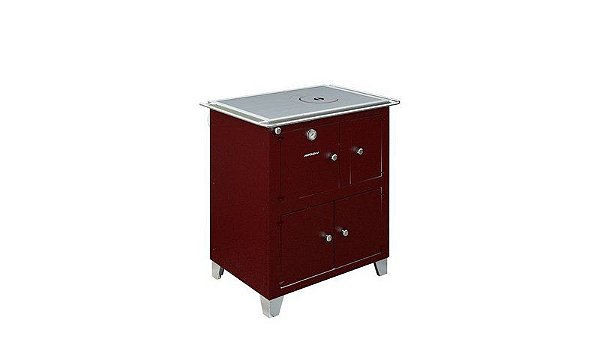 Fogão a Lenha Roma / Chapa Ferro Fundido / Vermelho Marsala c/ Inox / Saída Posterior Esquerda ou Direita / Tripla Combustão