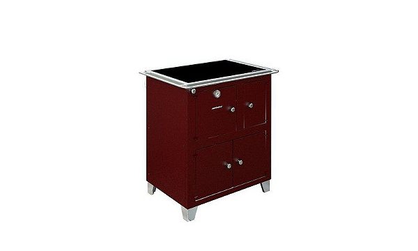 Fogão a Lenha Roma / Chapa Vitrocerâmica / Vermelho Marsala c/ Inox / Saída Posterior Direita ou Esquerda / Tripla Combustão