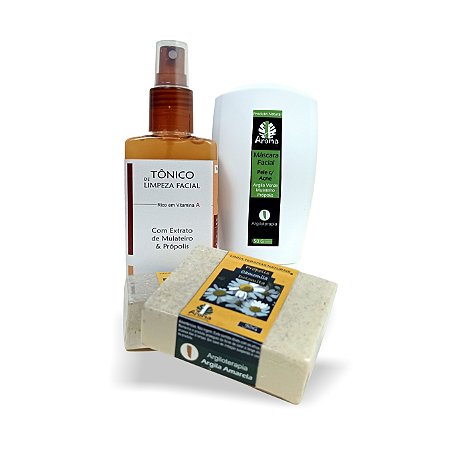 KIT FACIAL PELE OLEOSA E COM ACNE - C/ Extrato de Mulateiro / Própolis / Dolomita / Argila Verde - (kit com 3 produtos) - Cód: 1006