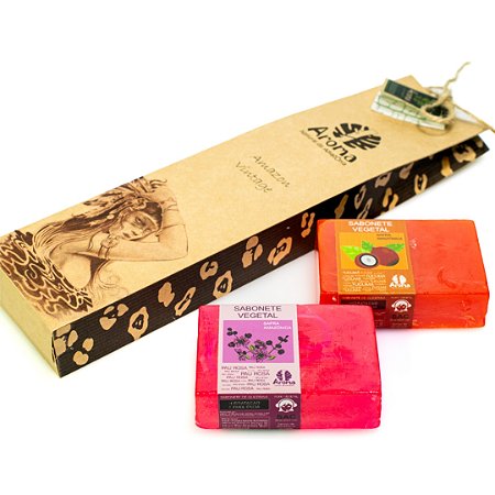 KIT P/ PRESENTE CAIXINHA AMAZON VINTAGE - 02 Sabonete Safra Amazônica 100g / 01 Caixinha Artesanal Kraft Temática Indígena - UND - CÓD: 2293