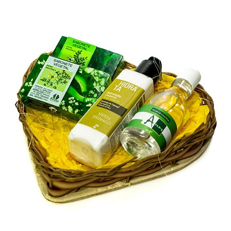 KIT P/ PRESENTE CESTA CORAÇÃO G - 02 Sabonetes Safra 100g / 01 Hidratante Corporal 120ml / 01 Água Colônia 80ml / 01 Cesta de Cipó - UND - CÓD: 0729
