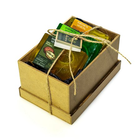 KIT P/ PRESENTE CAIXINHA DECOR P - 03 Sabonetes Vegetais Safra Amazônica 100G / 01 Caixinha Artesanal de MDF (10x15x7) - Tam P - CÓD: 0728