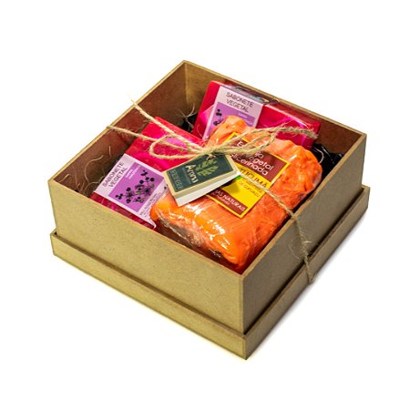 KIT P/ PRESENTE CAIXINHA BANHO - 02 Sabonetes Safra Amazônica 100G / 01 Esponja Vegetal / 01 Caixinha MDF Artesanal (15x15x9) - UND - CÓD: 2651