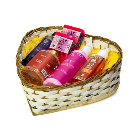 KIT P/ PRESENTE CESTA CORAÇÃO GG - 02 Sabonete Safra 100G / 01 Hidratante Corporal 250ml / 01 Aromatizador Para Ambiente 120ml / 01 Sais de Banho 240G / 01 Óleo Bifásico 120ml /01 Cesta Artesanal Cipó - Kit C/ 06 Produtos - CÓD: 2170