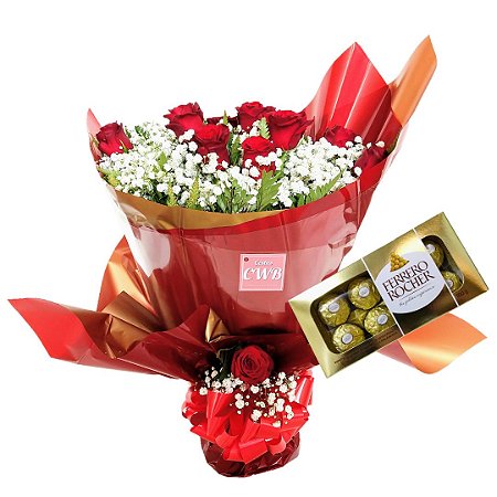 Buquê Tradicional 12 Rosas Vermelhas + Ferrero Rocher
