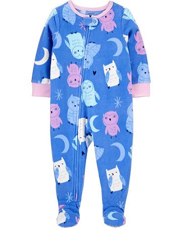 Macacão pijama azul em fleece com corujas