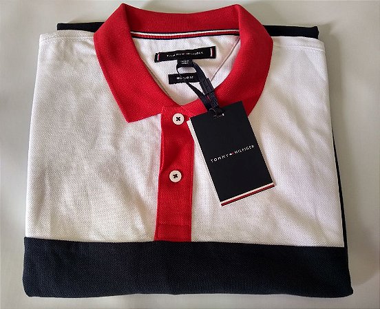 Camisa polo branca vermelha e preta. Tommy Hilfiger - Baby Imports MS -  Roupas e Acessórios