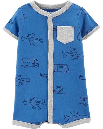 Romper azul com carrinhos e aviões. Carters