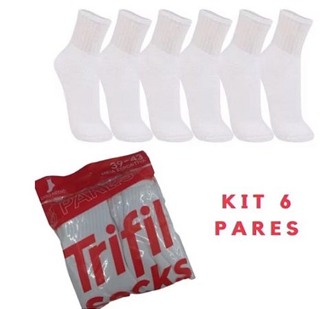 Kit 6 pares de meias esportivas Trifil, cano médio, algodão. Tamanho 39-43.