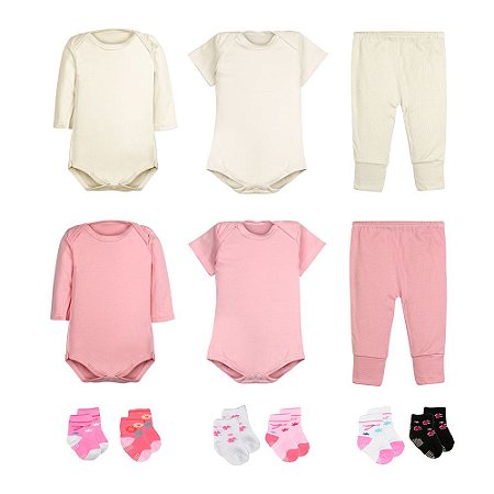 Kit 12 Peças Body Bebê Menina Longa e Curta Calça Mijão e Meias