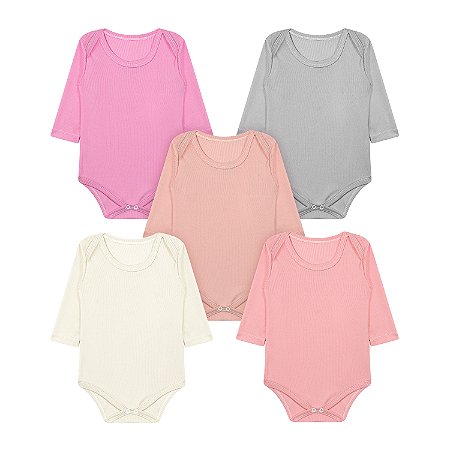 Kit 5 Peças Body Bebê Canelado Menina Manga Longa