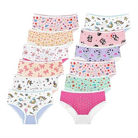 Calcinha Infantil Menina Kit 12 Peças Básico Estampado DCP Kids