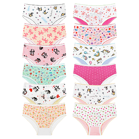 Calcinha Infantil Menina Kit 12 Peças Básico Estampado DCP Kids
