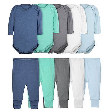 Kit 10 Peças Body Bebê e Mijão Manga Longa Liso Algodão Amizade